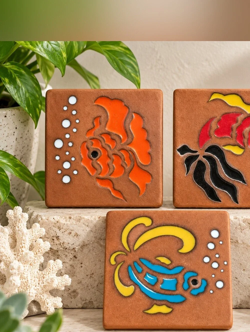Vintage 1997 Studio Pottery Tropical Fish Wall Tiles Set of 3
